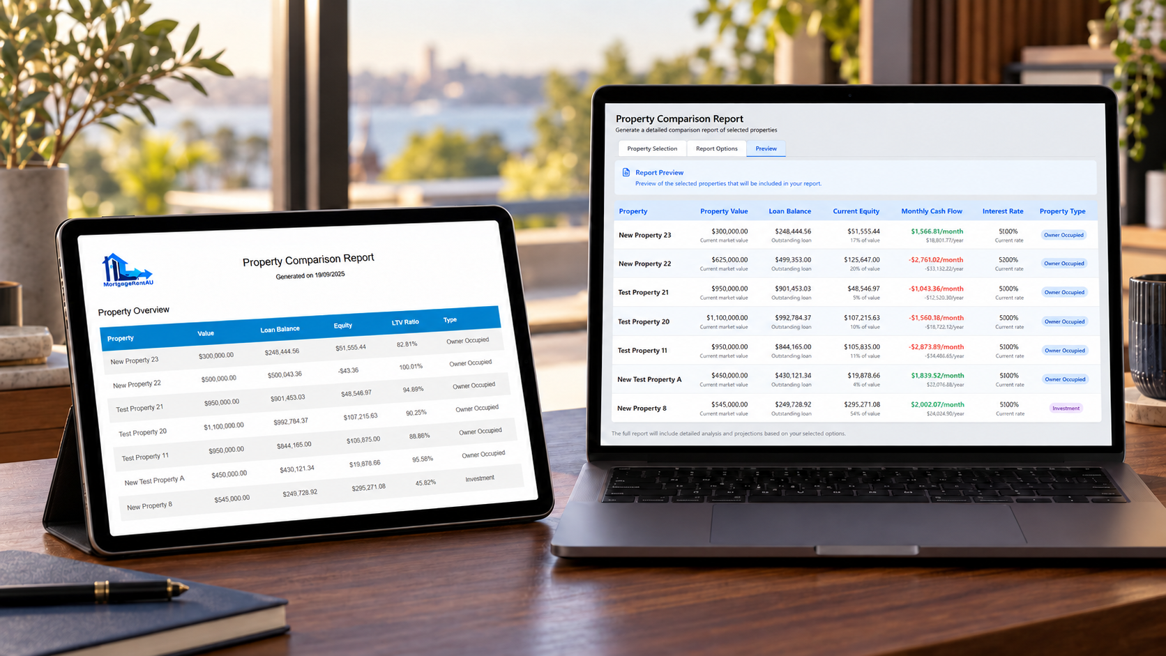 MortgageMateAU reporting and export device scene